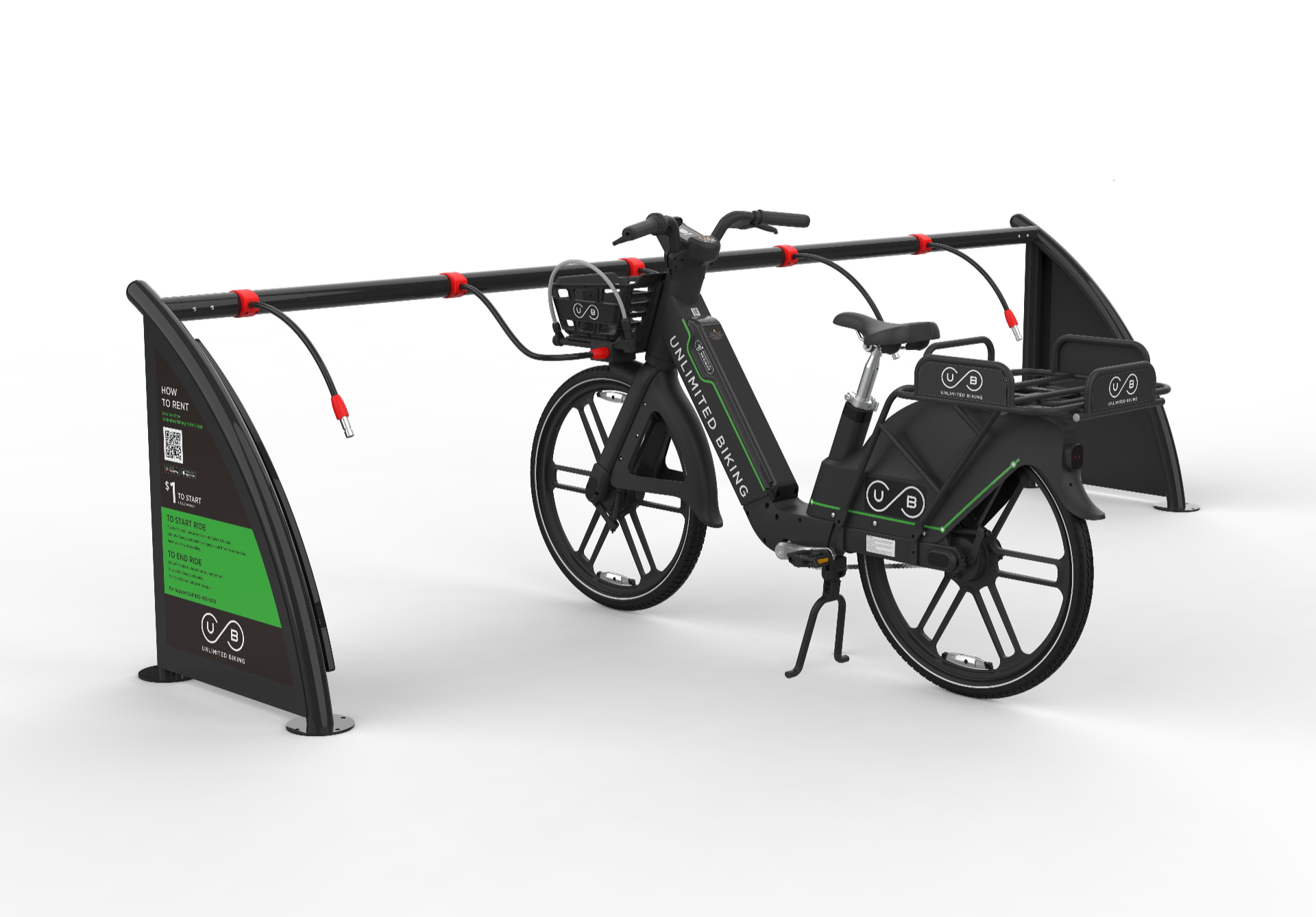Unlimited Biking e-bike docked at a branded smart station