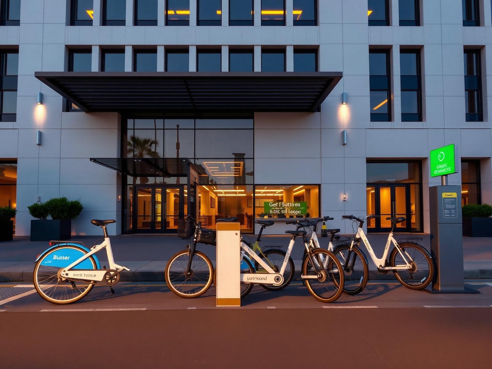 Branded Unlimited Biking station of premium bikes and e-bikes outside a modern hotel at dusk